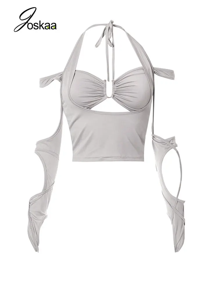

Joskaa Solid Off Shoulder Long Sleeve T-shirts Women Clothes Sexy Halter Lace Up Cut Out Slim Crop Top 2022 Night Club Tops