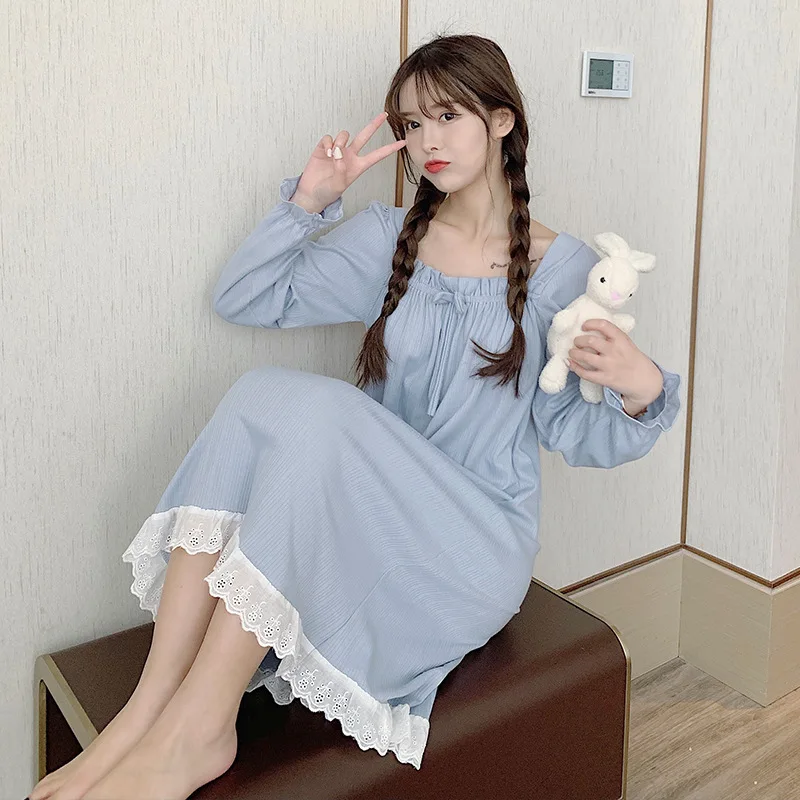 Autumn and Winter New Women's Nightdress Long-sleeved Sweet and Cute Home Service Sexy Nightwear Sleep Tops Sleepwear Women
