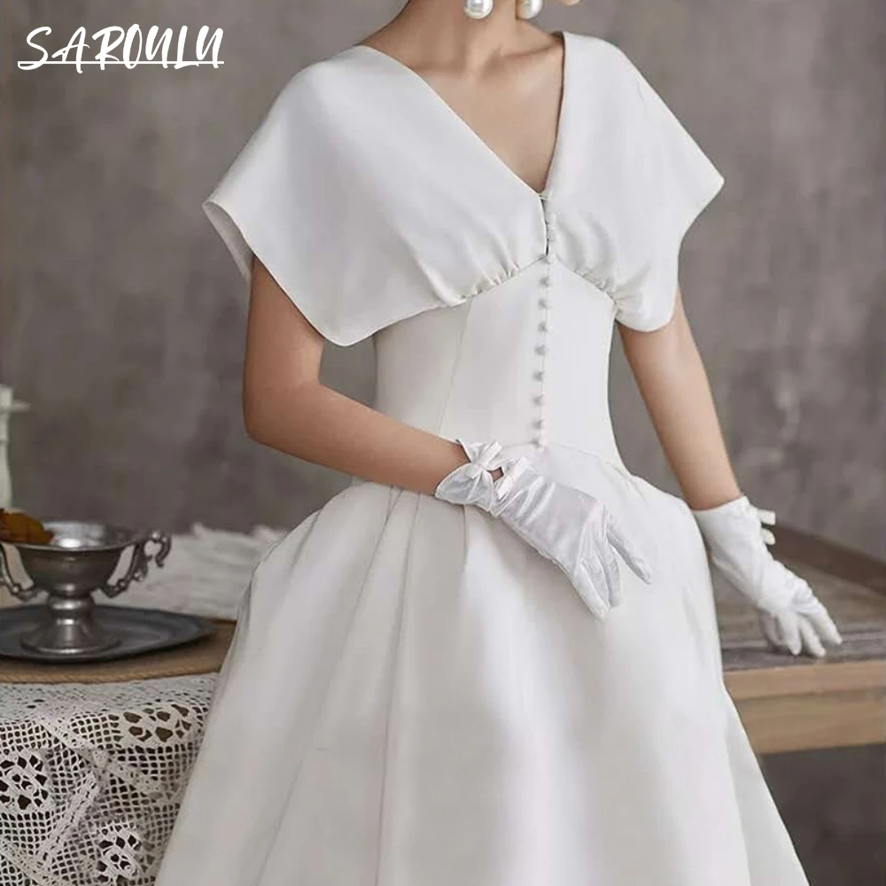 

Princess Satin A-line Wedding Dress Modern V-neck Button Court Train Bride Dresses Wedding Bridal Gown Custom Made