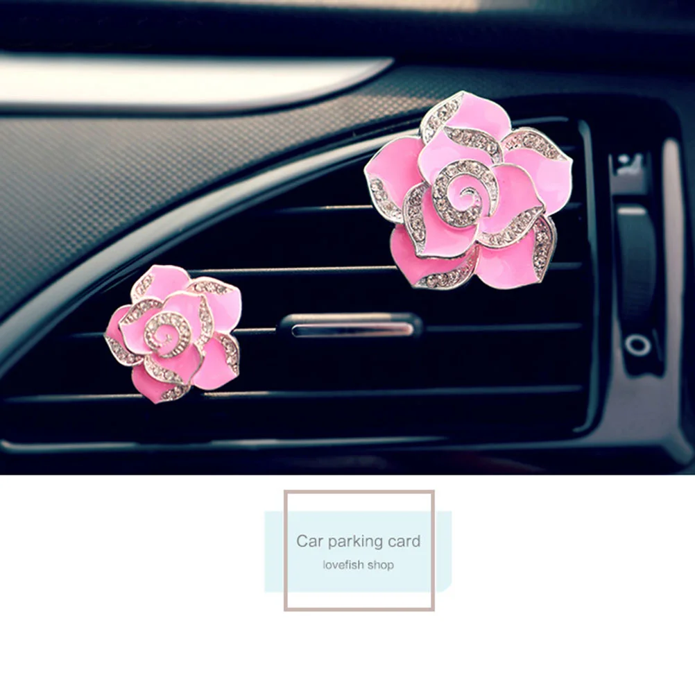 

One Pair Car Air Vent Cute Camellia Rhinestone Encrusted Fragrance Air Freshener Holders Auto Car Interior Decoration (Pink)