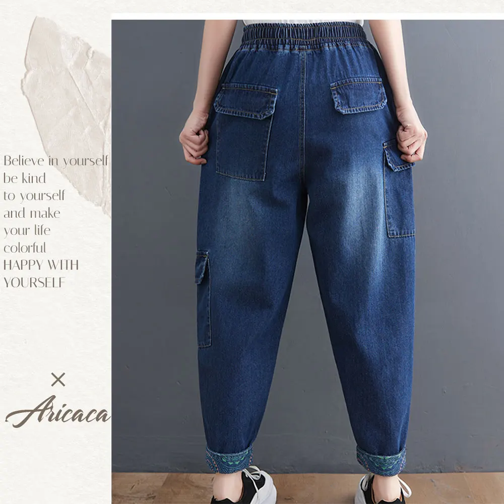 Aricaca Womens Embroidery Patch Designs Denim Trousers Ladies Loose Vintage Casual Style Harem Pants Denim Pants