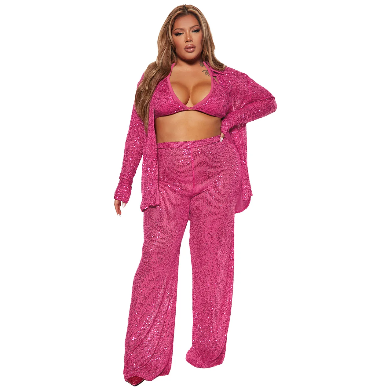 

Women's Pants sets bra sequin shirt and pants party three piece tracksuits