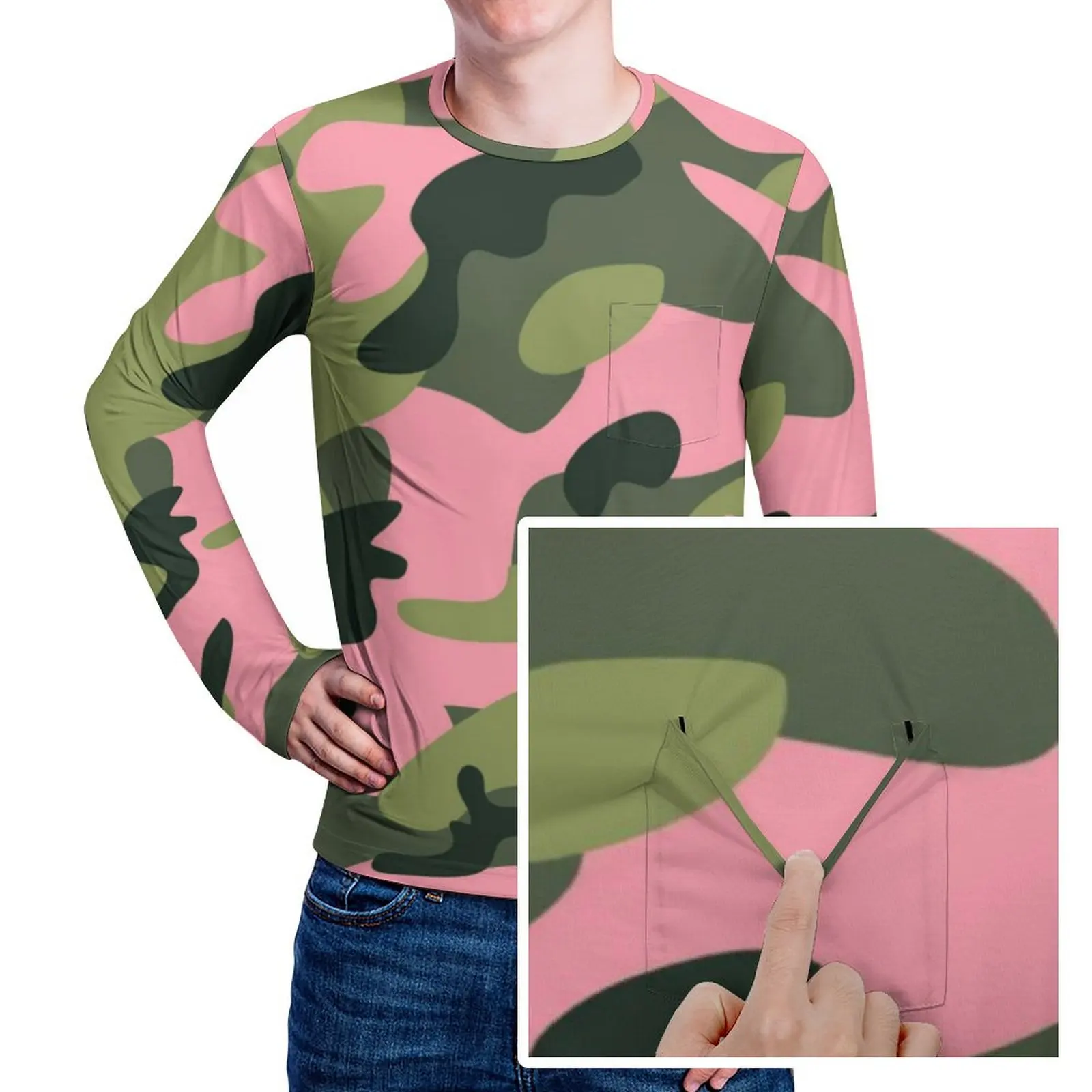 Футболка мужская камуфляжная с длинным рукавом зеленая/розовая рубашка в стиле