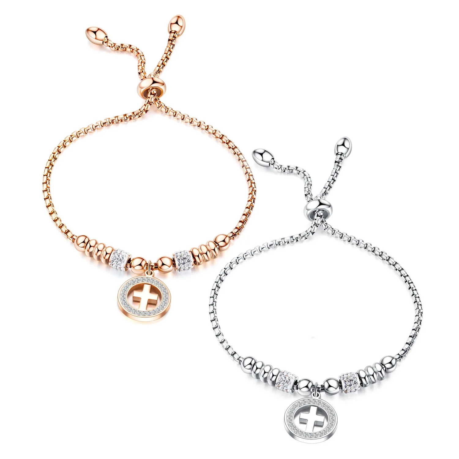 

Titanium Steel Pendant Plated with Rose Gold and Diamond-encrusted Cross Bracelet Is Adjustable