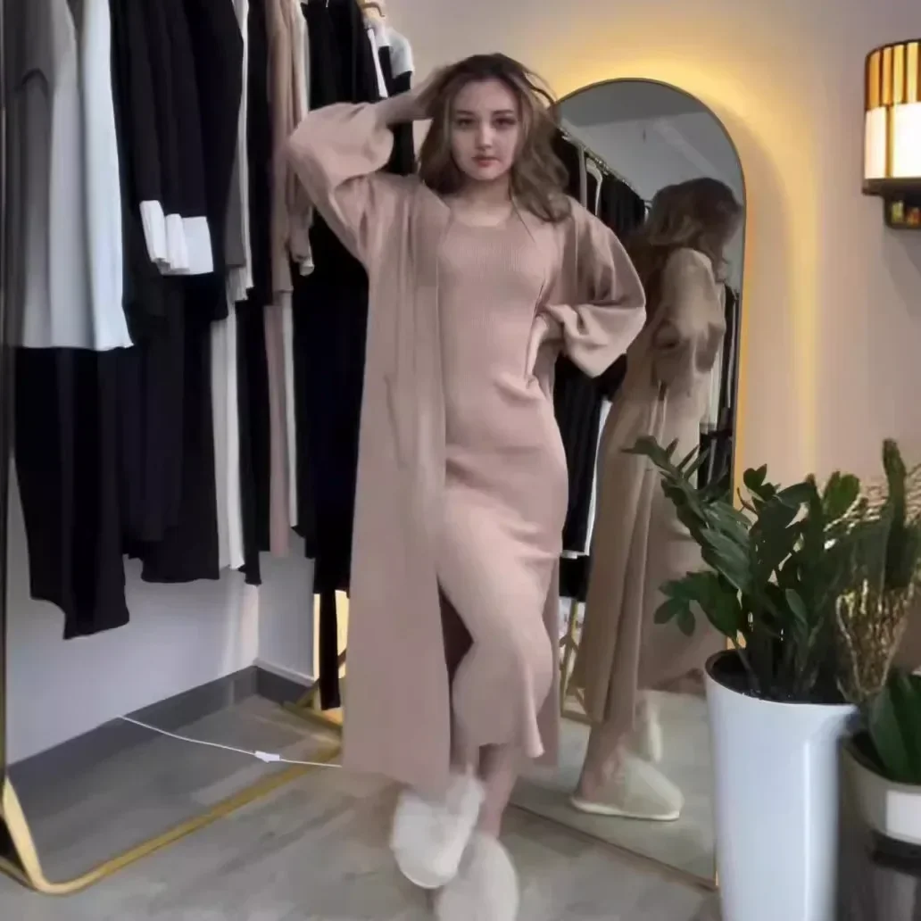 Женский осенне-зимний свободный комплект домашней одежды длинный открытый