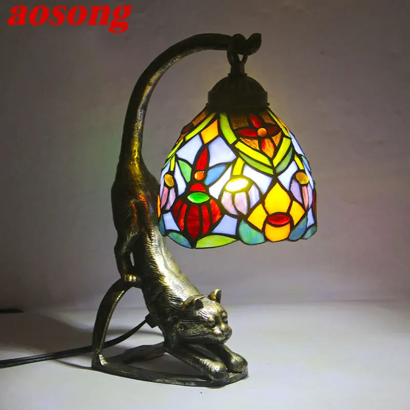 

AOSONG Tiffany Glass Table Lamp LED Vintage Creative Novelty Cat Desk Light Decor for Home Living Room Bedroom Bedside