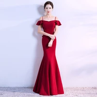 0809 fishtail dress evening dress autumn long wine red bride wedding one shoulder sexy banquet dress
