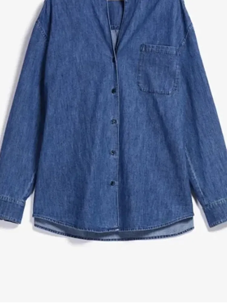 

Lady 100% Cotton Long-Sleeved Denim Shirt 2022 New Turn-Down Collar Single-Breasted Women Commuter All-Match Blouse New Tops