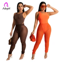 sexy see through pants suit solid sleeveless skinny bodysuit pencil pants matching women 2 piece set fitness workout tracksuits