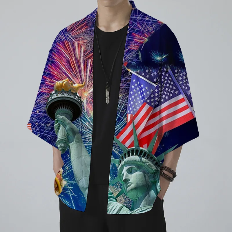 

Men's Independence Day 3D Printed Sunscreen Mid-length Mid-sleeve Cardigan Cape