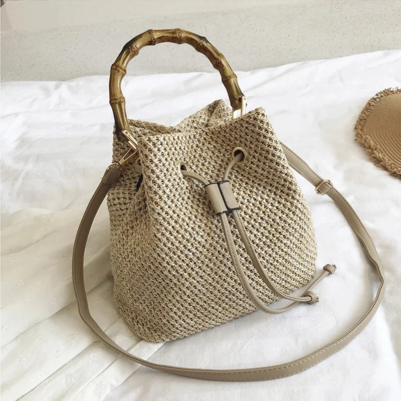

New Women's Bohemian Crossbody Bag Drawstring Straw Woven Bucket Ba Female Rattan Wicker bamboo Handle Beach Handba