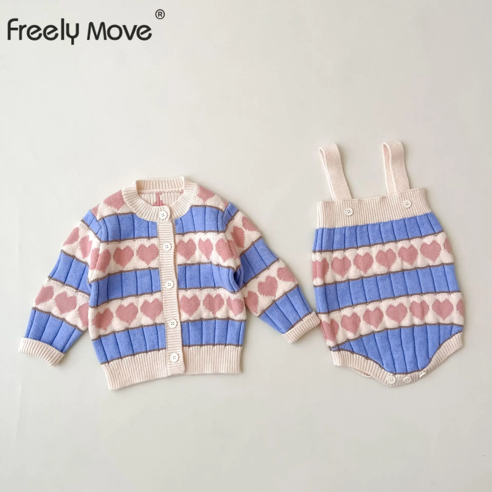 Freely Move Autumn Winter Baby Sweater Print Long Sleeve Suspender Sweater Knitted Jumpsuit Two Piece Set Baby Girl Outfit Set
