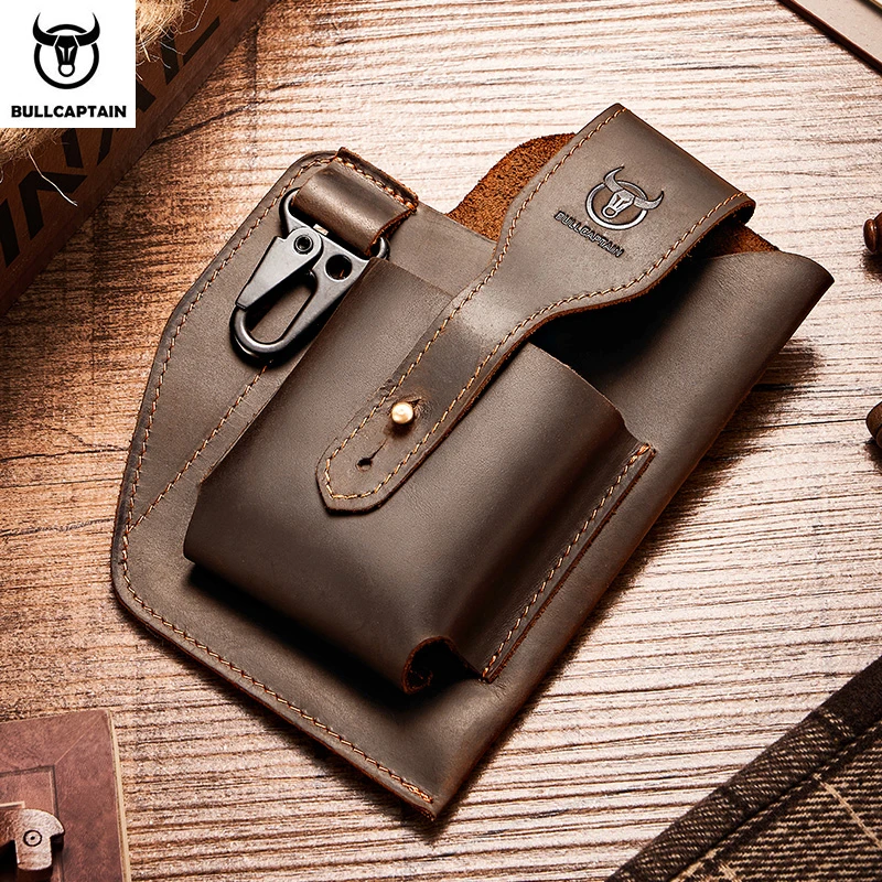 BULLCAPTAIN Retro Man Genuine leather Multi-function Crazy Horse Cowhide Mobile phone bodypack