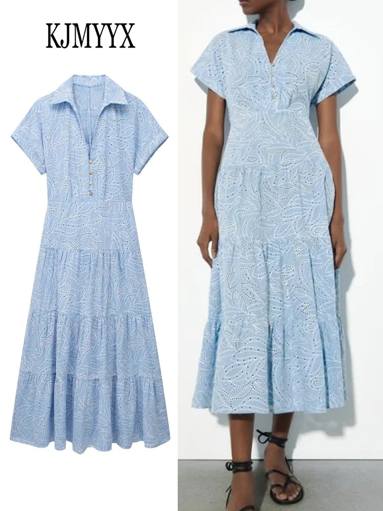 KJMYYX, Новинка лета 2023, женское модное платье с вышивкой и короткими рукавами, платье-рубашка средней длины, женское платье с вырезами