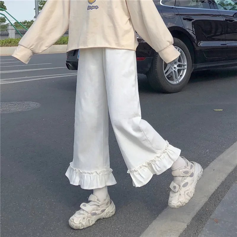 

Japanese Kawaii Women Pants White Sweet Ruffled Basis Wild High Waist Loose Elastic Waist Trousers Y2k Casual Solid Student Pant