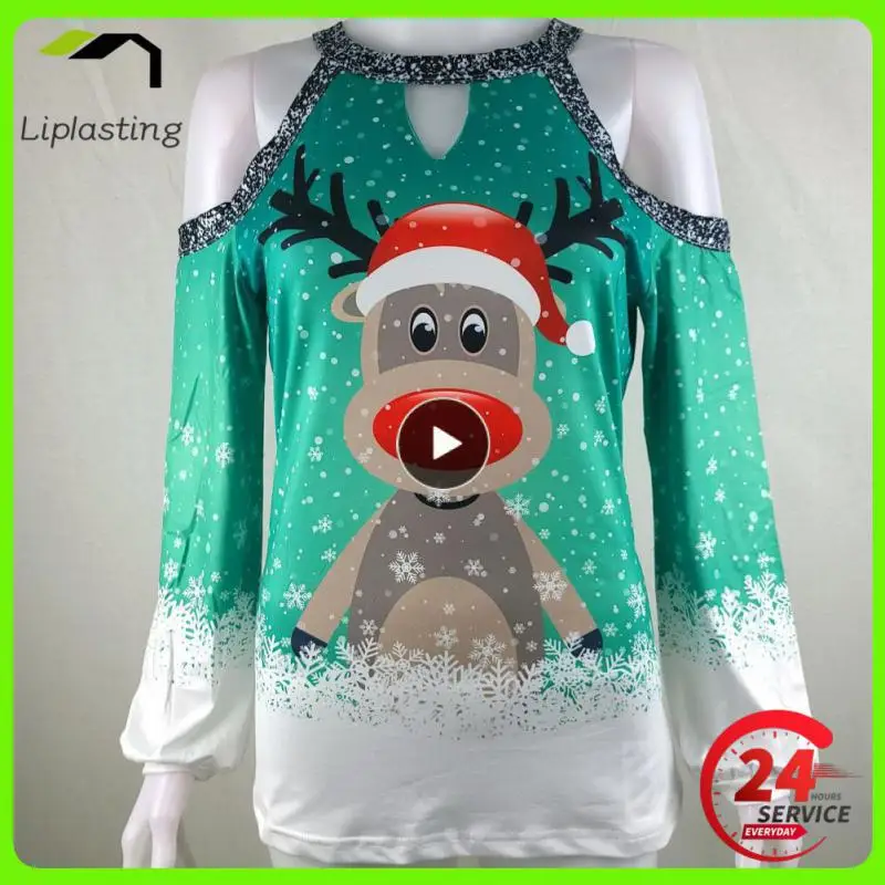 

2021 Europe And The United States New Fashion Christmas Moose Print Strapless Tops Long-sleeved T-shirt Casual Round Neck Women
