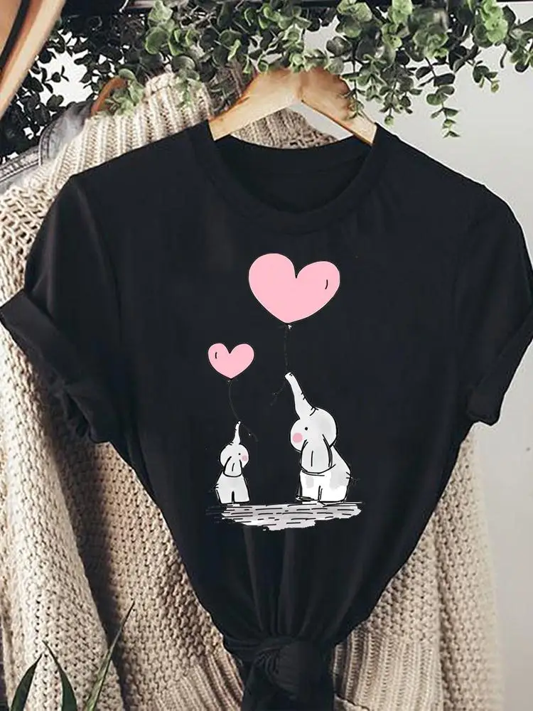 

Модная женская одежда с акварельным принтом слона и надписью Love, футболки, женская летняя женская черная футболка с коротким рукавом и граф...