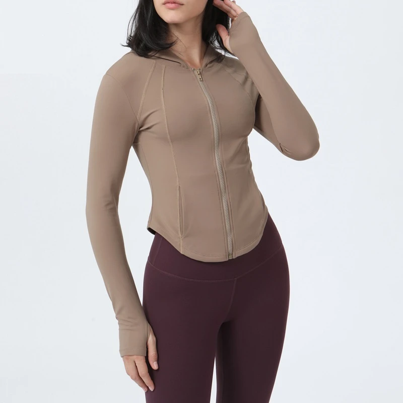 Solid Color Women Hooded Sports Jacket  Padded Warm Yoga Coat Top Zipper Fitness Leisure Define Jacket Running Gym Sportswear