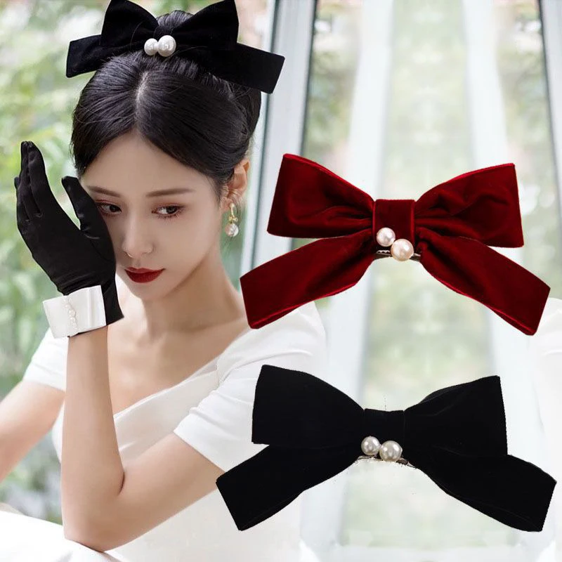 

Зимняя бархатная шпилька для волос с жемчугом, черный цвет, элегантная заколка-Пряжка, заколка-Утконос, французское свадебное украшение для...