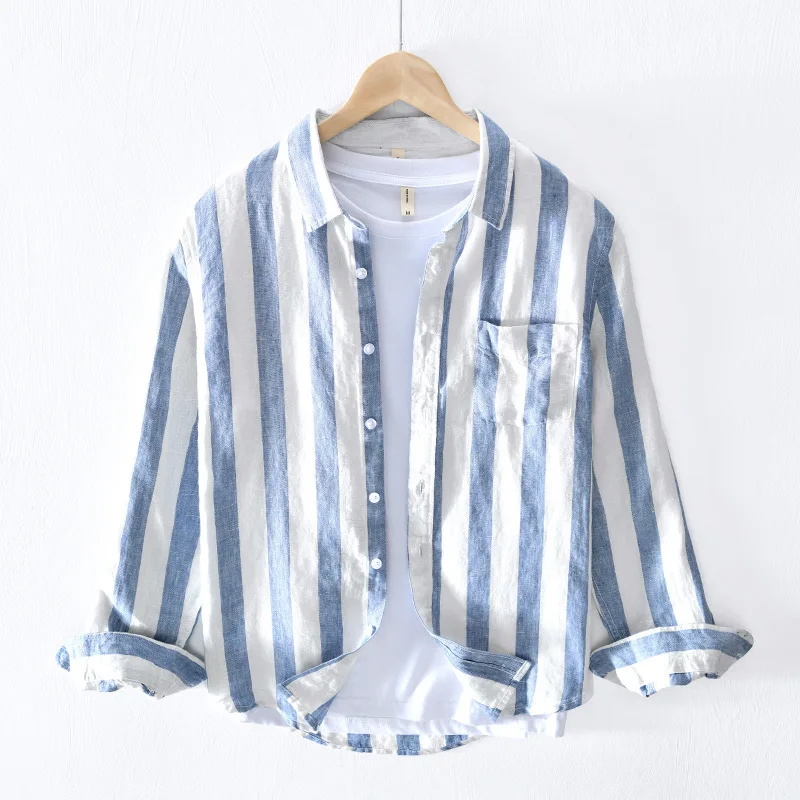 

Ropa De Hombre 2022 Spring New Men's Striped Linen Long-sleeved Shirt Casual Retro Wide Striped Lapel Men's Shirt Top