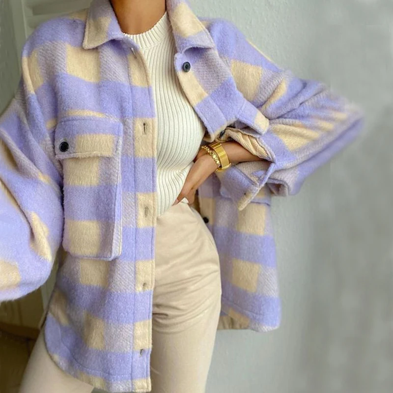 

Check Overshirt Chic Pastel Purple Plaid Button Up Pocket Collared Oversized Women's Jackets & Coats Kpop Oversized Jacket 2022