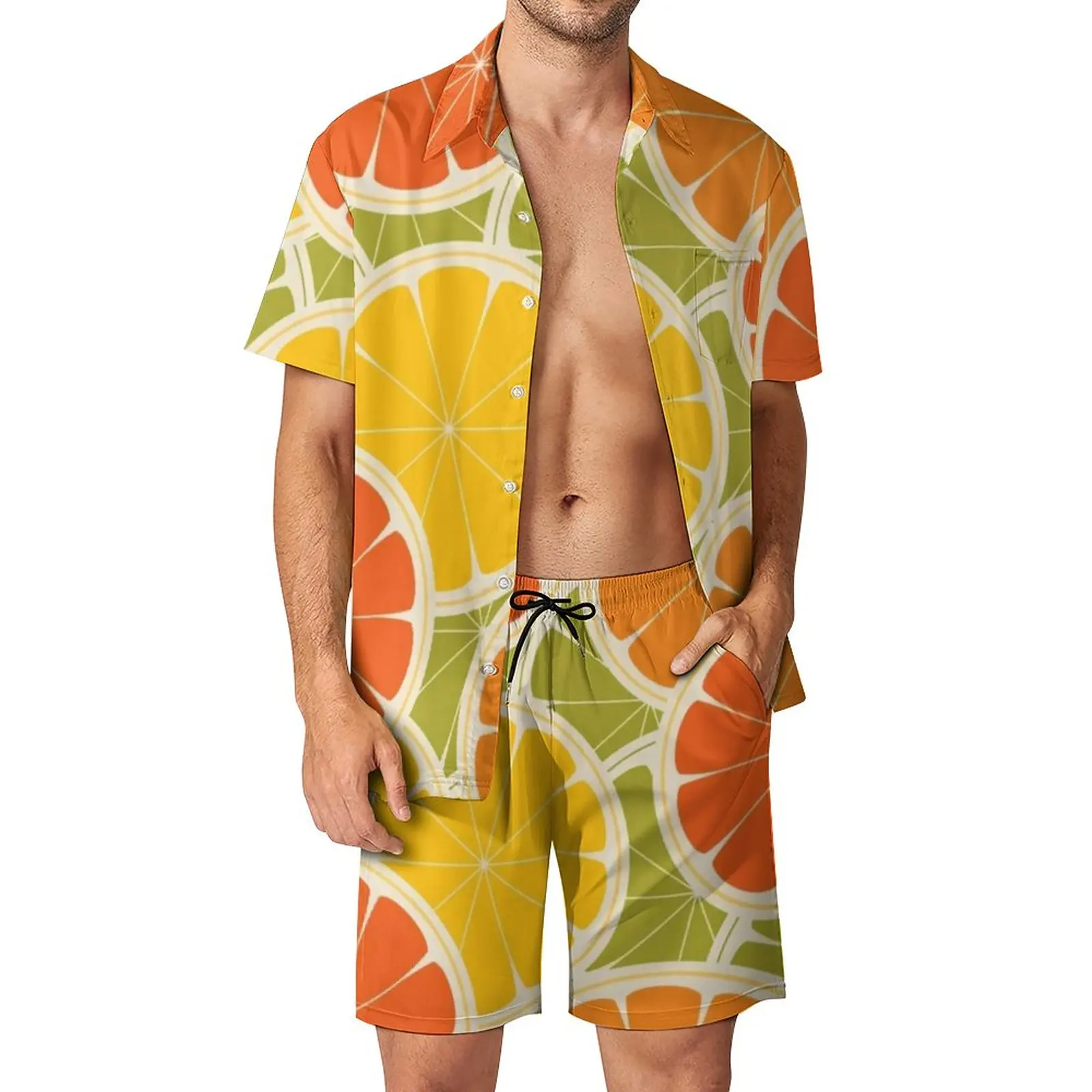 

Colorful Fruit Print Men Sets Orange Lemon Vintage Casual Shirt Set Short Sleeve Graphic Shorts Summer Beach Suit Big Size 3XL
