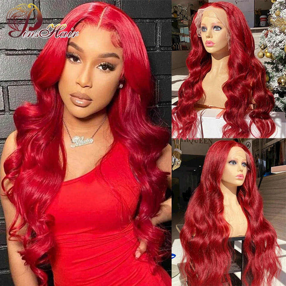 Peruvian Colored Red 13X4 Transparent Lace Frontal Wig Body Wave Straight Lace Front Human Hair Wigs 99J Red Curly Wig for Women