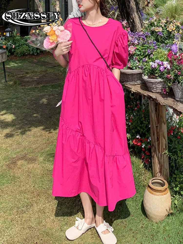 

Женское асимметричное платье средней длины, повседневное Хлопковое платье-трапеция с круглым вырезом и пышными рукавами, свободное одното...