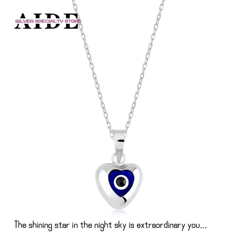 

AIDE 925 Sterling Silver Blue and Red Enamel Devil's Eye Heart Shape Pendant Clavicle Necklace Chain for Women Girl Jewelry Gift