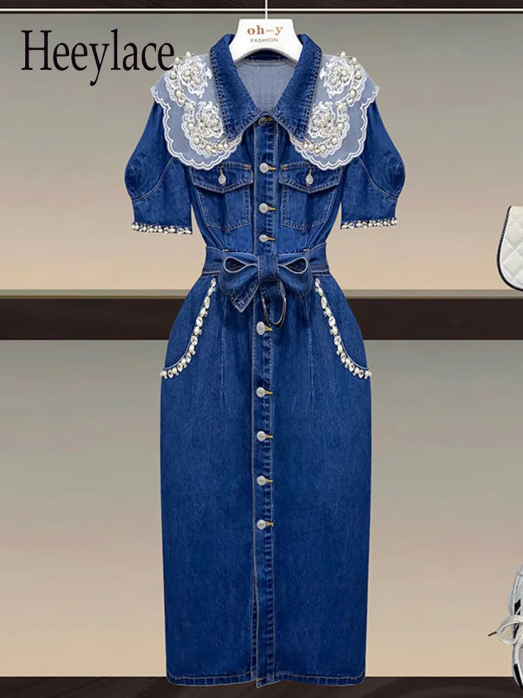 

Summer Denim Dresses For Women French Vintage Blue Jeans Dresses Korean Lace Patchwork Beading High Waist Bodycon Elegant Robe