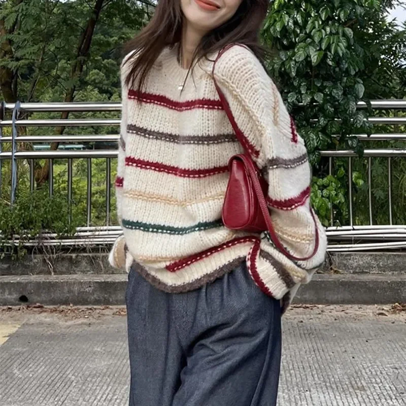 Женский мягкий теплый свитер в полоску винтажный Вязаный топ с коротким рукавом
