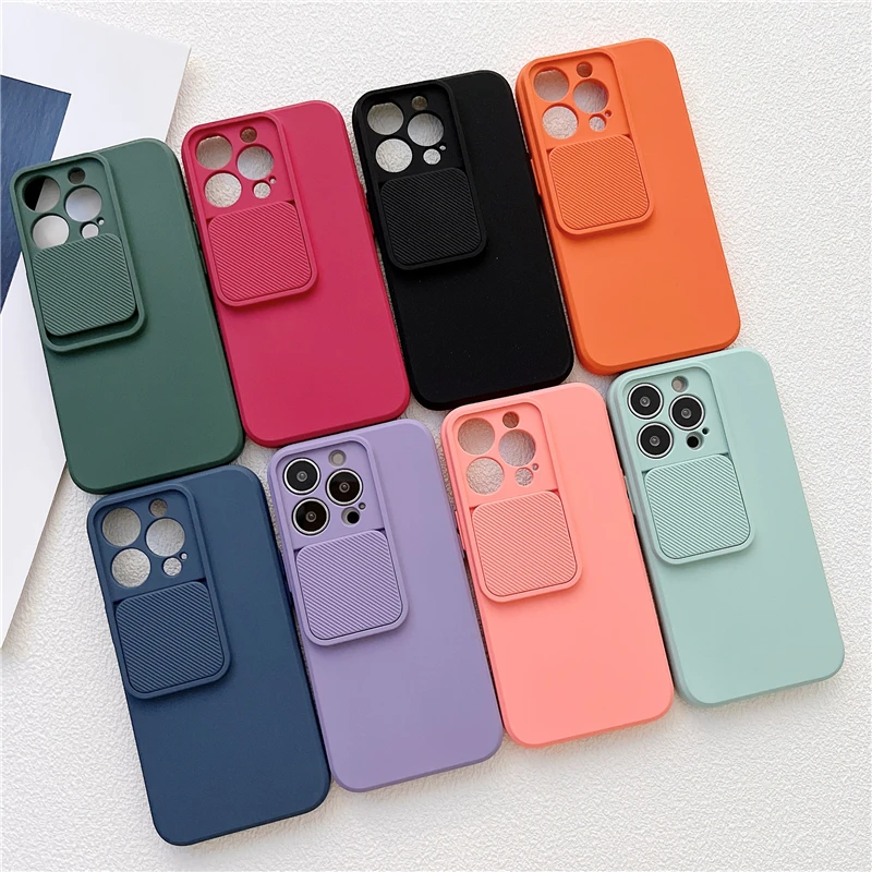 

Slide Close Camera Protection Soft TPU Case For iPhone 14 13 12 11 Pro XS Max X XR 7 8 Plus SE Solid Color Silicone Cover Coque