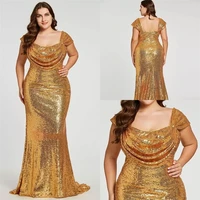 sparkly gold sequined plus size mermaid prom dresses sweep train maid of honor gowns cheap wedding guest evening dress