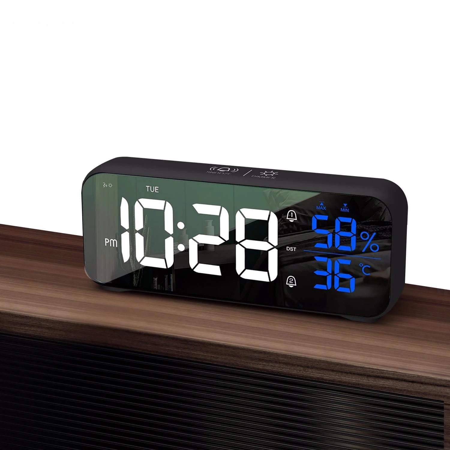 

2022 Wiressless Mirror Alarm Clock LED With Voice control Temperature Humidity Snooze USB Rechargeable Music Table Clock
