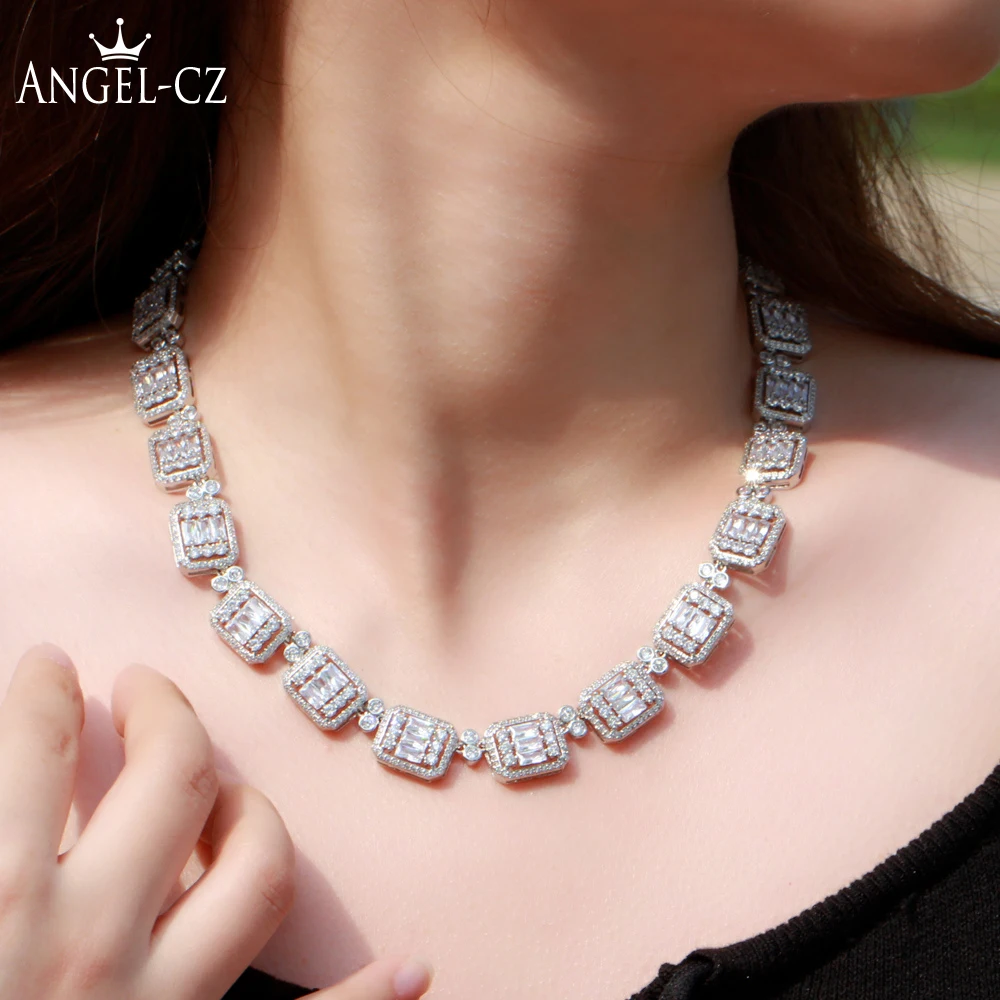 Роскошное ожерелье-чокер ANGELCZ для вечерние, цепочка с микрозакрепкой, высокое качество, цирконий ААА, серебряный цвет, вечернее банкетное женское ювелирное изделие AN015