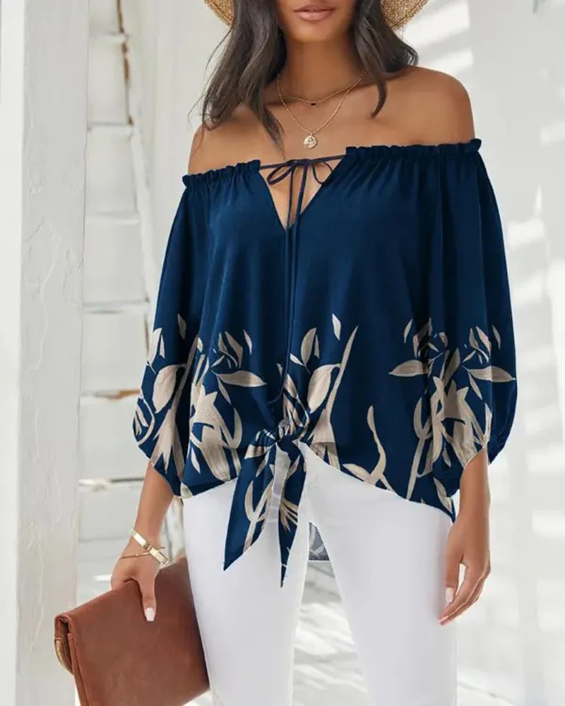 

2023 Summer Lace Up Print Shirts Womens Loose Off The Shoulder Pullover Blouse Office Lady Irregular Tops Camisa Feminina Blusas