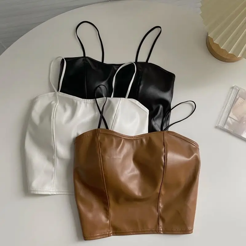 

Sexy Camisole Women Hong Kong Style Beauty Back Sports Underwear Slim Short Bottoming Shirt with Chest Pad Leather Tops