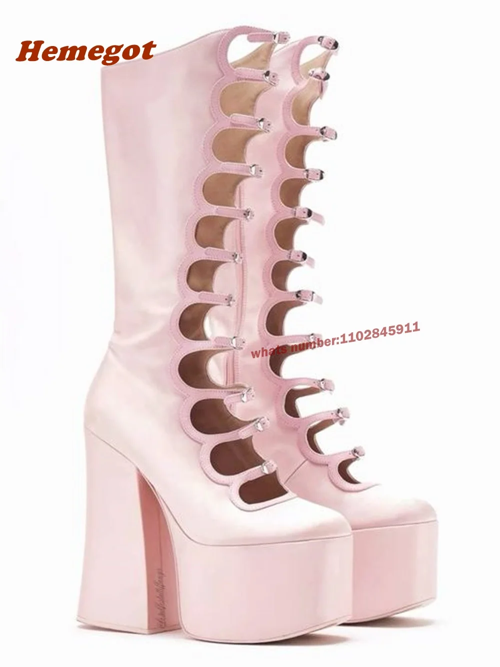 Ботинки розовые на толстой подошве с боковой молнией квадратный каблук