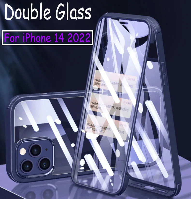 360° Double Glass Protector Case For iPhone 14 Plus Shockproof Tempered Glass Back Cover Protector For iPhone 14 Pro Max 2022