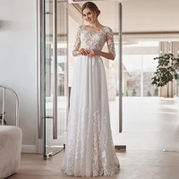 a line wedding dress 2022 lace appliques o neck half sleeve floor length vintage civil bridal gown with button back tulle