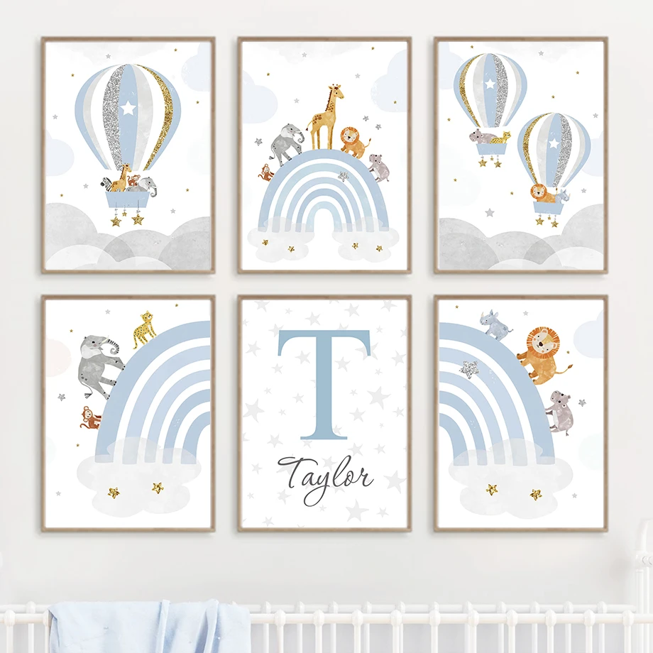 Жираф Лев Радуга воздушный шар пользовательское имя плакат для детской печати