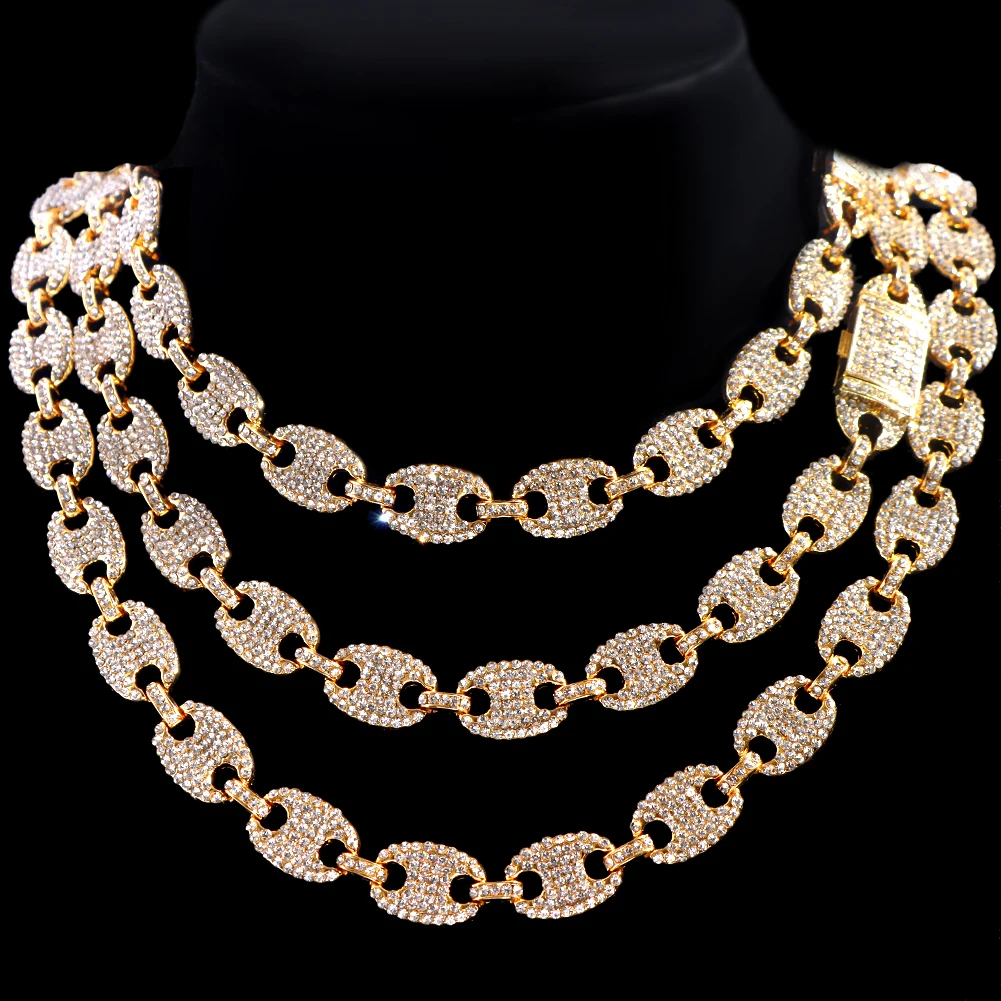 

13MM Bling Iced Out Coffee Bean Cuban Chain Necklace for Women Gold Silver Color Rhinestone Pig Nose Necklaces Hip Hop Jewelry