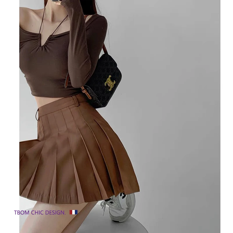 

Autumn and winter girls brown pleated skirt high waist skirt anti-glare TB short skirt