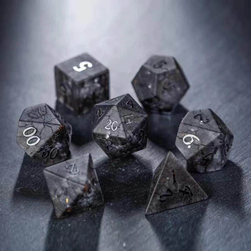 Natural Gemstone DND Dice Set Black Lightning Zircon Frosted COC DND TRPG Board Games Dice Obsidian Darkness Punk Cthulhu Dice