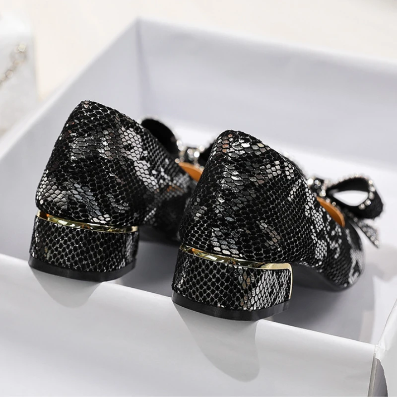 Women Pumps 3cm Med Heel Square Toe Imitation Snake Skin Print Bling Bow Knot Soft Soles Slip on Office Lady Dress Shoes 588-1