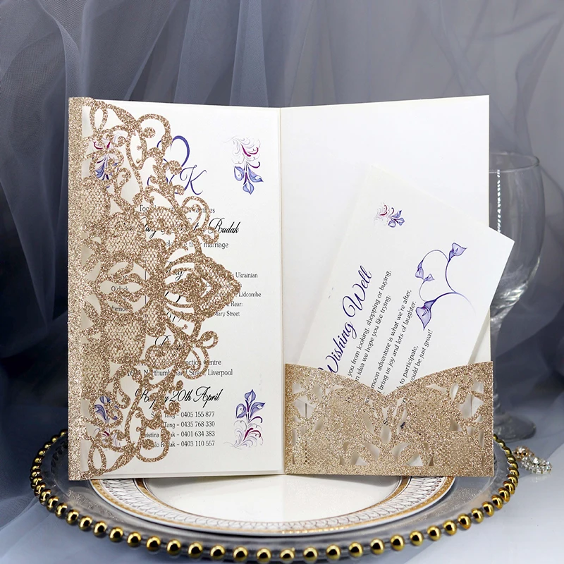 

10Pcs Glitter Paper Wedding Invitations Card With RSVP Cards Personalized Mariage Birthday Baptism Party Decoration Supplies