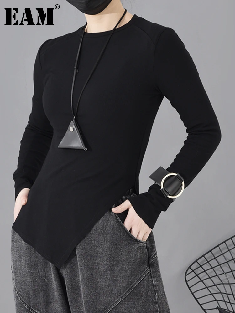 

[EAM] Women Black Asymmetrical Hem Temperament T-shirt New Round Neck Long Sleeve Fashion Tide Spring Autumn 2022 1H31201