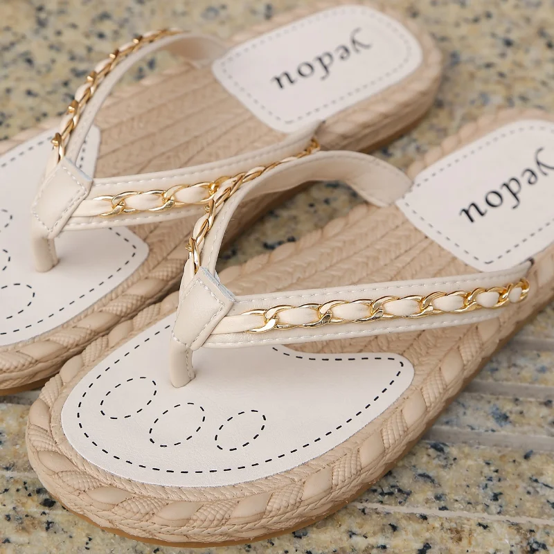 Women Fashion Chain Decor Flip Flops 2023 Summer Outdoor Beach Linen Flats Slides Casual Comfy Light Sandals Lovely Ladies Shoes