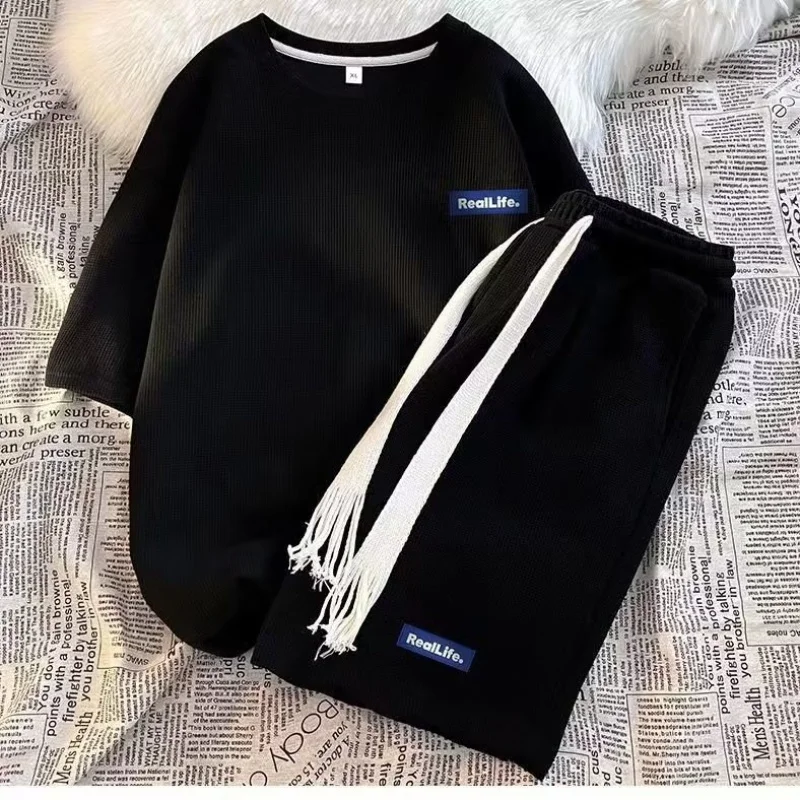 Waffle Youth Sportswear Suit Men's Large Size Loose Summer Thin Short Sleeve Shorts Men's Sport Suit