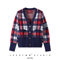 tb color blocked plaid striped knitted sweater cardigan womens spring and autumn new waist slim top coat tide